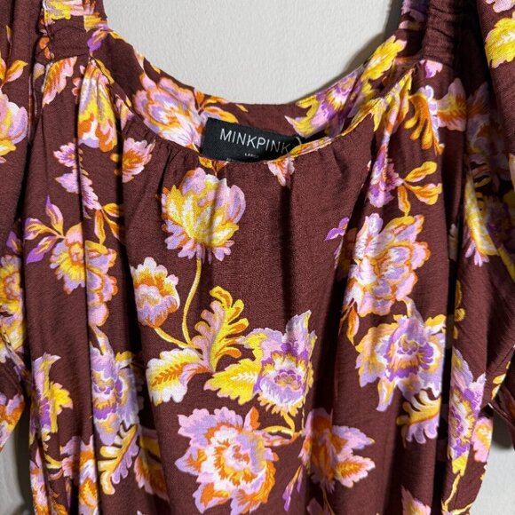 MINKPINK Giselle Belted Floral Mini Dress Women's Large Brown Puff Sleeve NWT - Picture 8 of 16